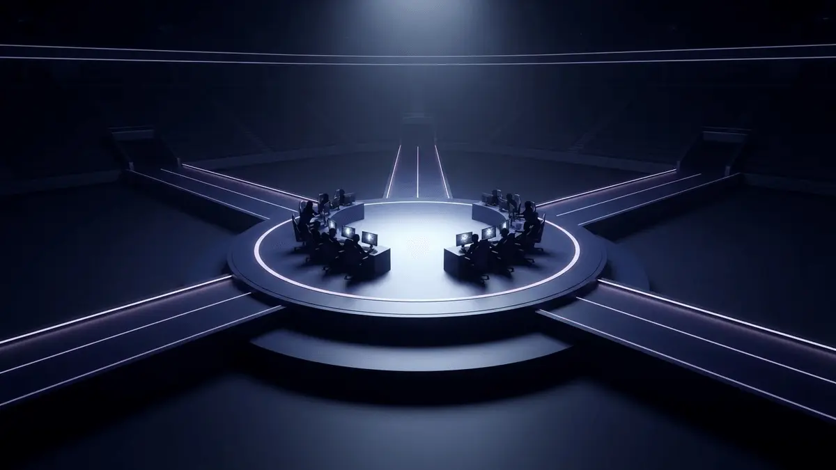 Dramatic esports playoff arena with violet-lit pathways symbolising a reshaped Dota 2 tournament bracket