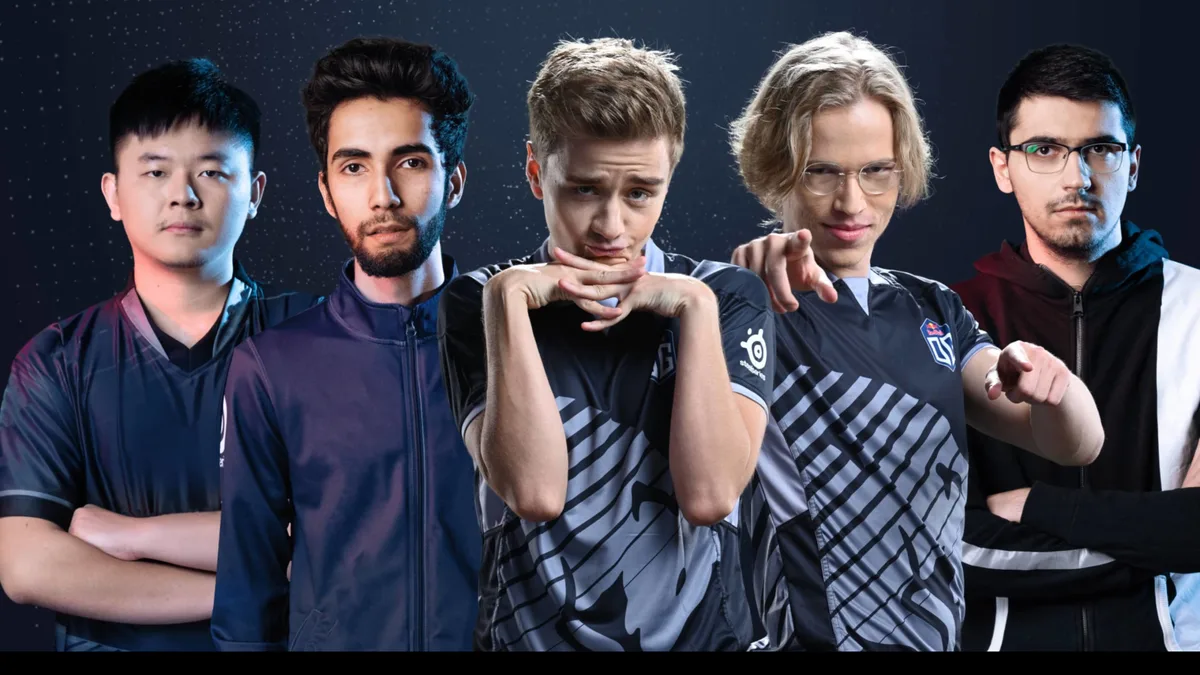 Five professional esports players posing in team jerseys against a dark starry background.