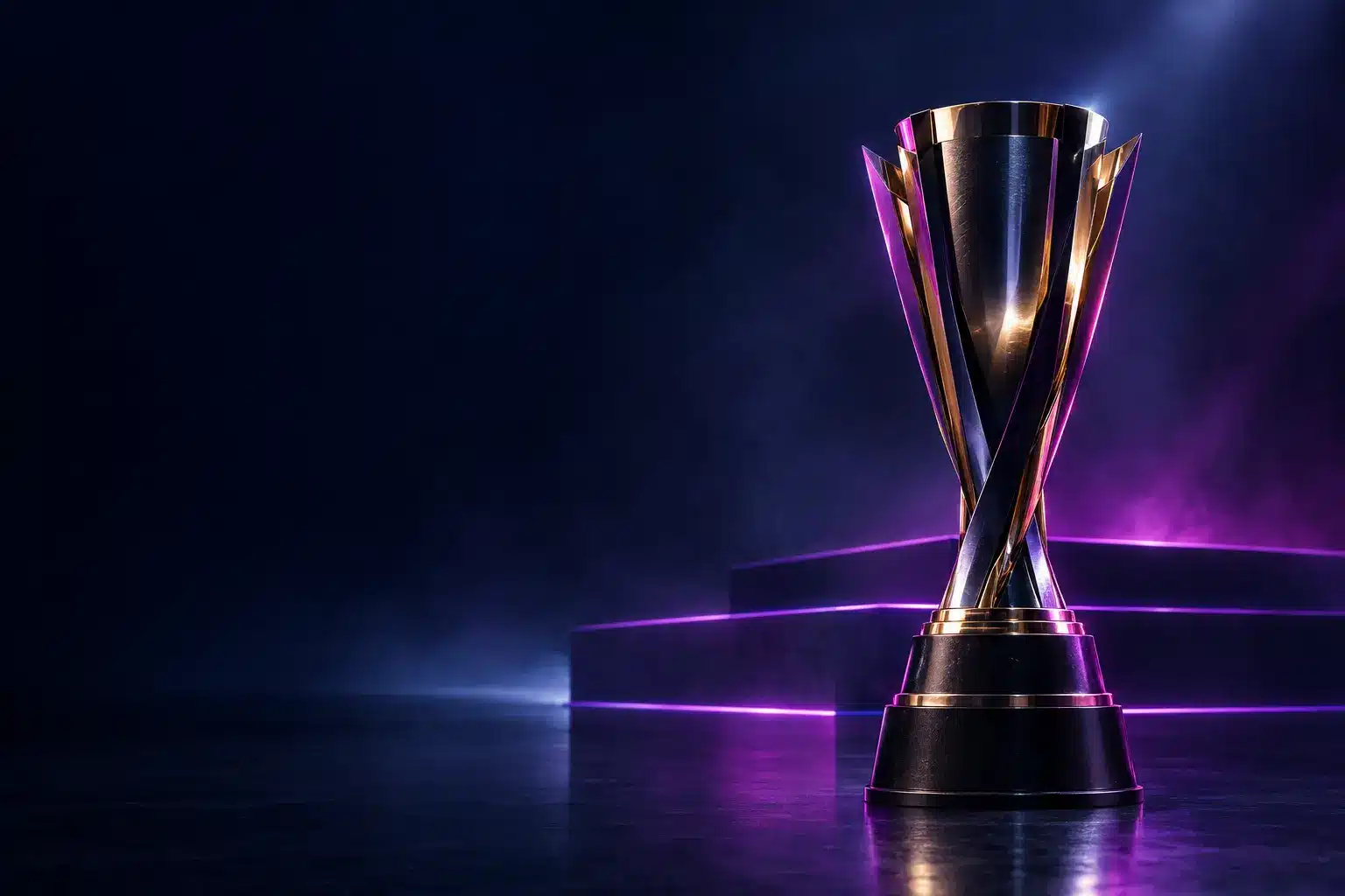Championship trophy on a dark esports stage with violet lighting, symbolising Vitality’s fourth ESL Pro League title.