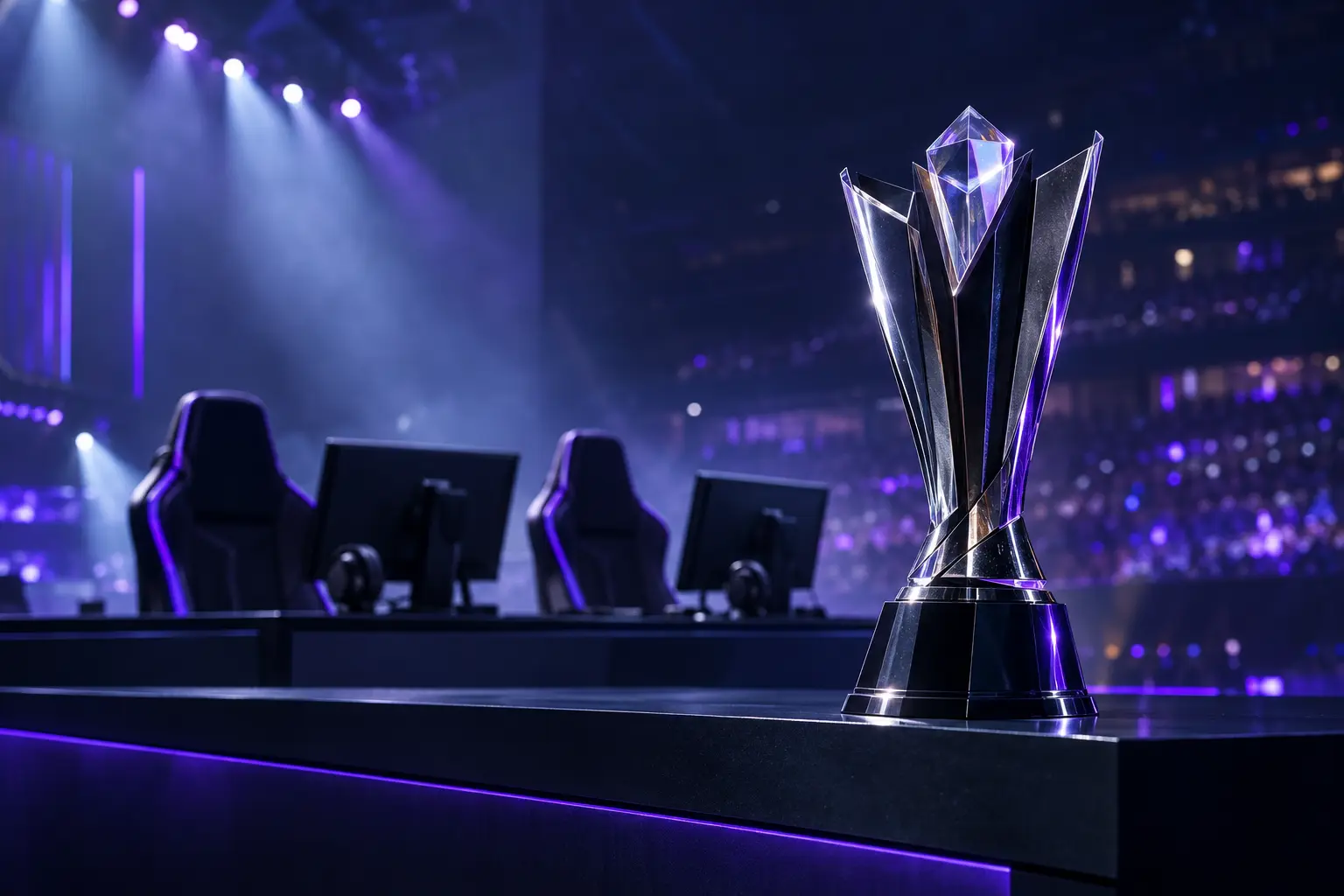 Esports championship trophy on a LAN stage with empty gaming chairs after a roster change