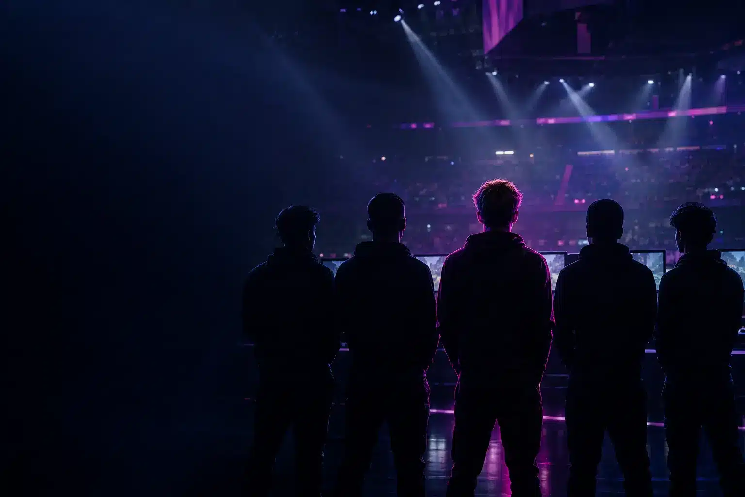 Five-player CS2 esports lineup silhouetted on a dark arena stage with one figure highlighted in violet