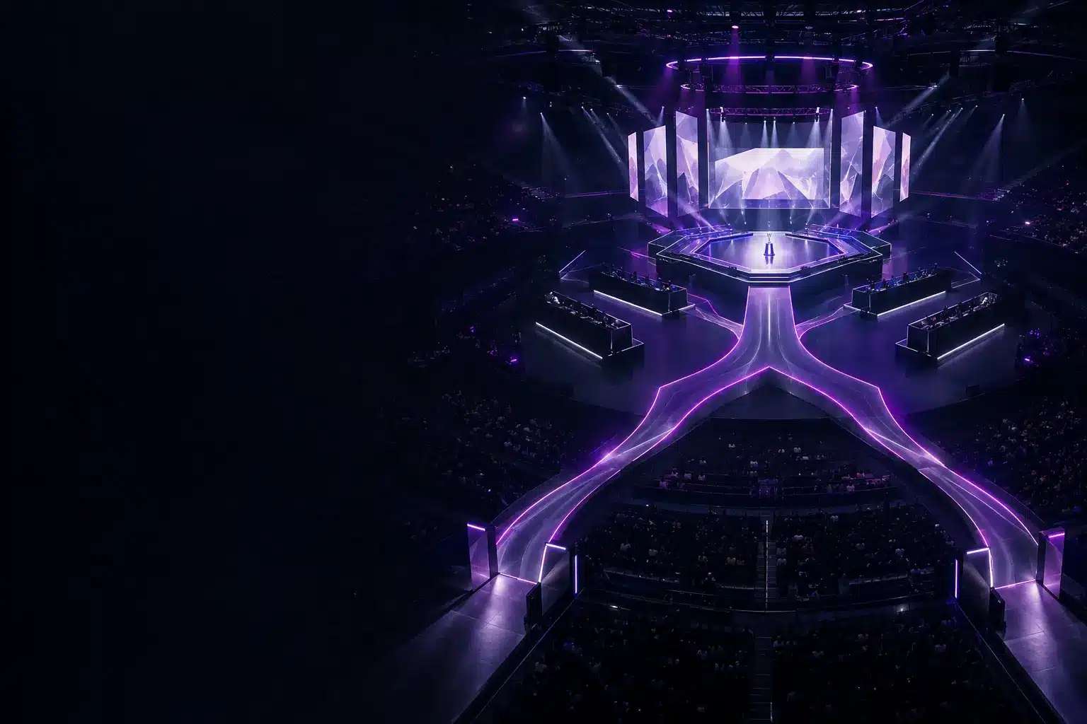 Violet-lit esports arena stage symbolising the completed BLAST Slam VIII playoff bracket