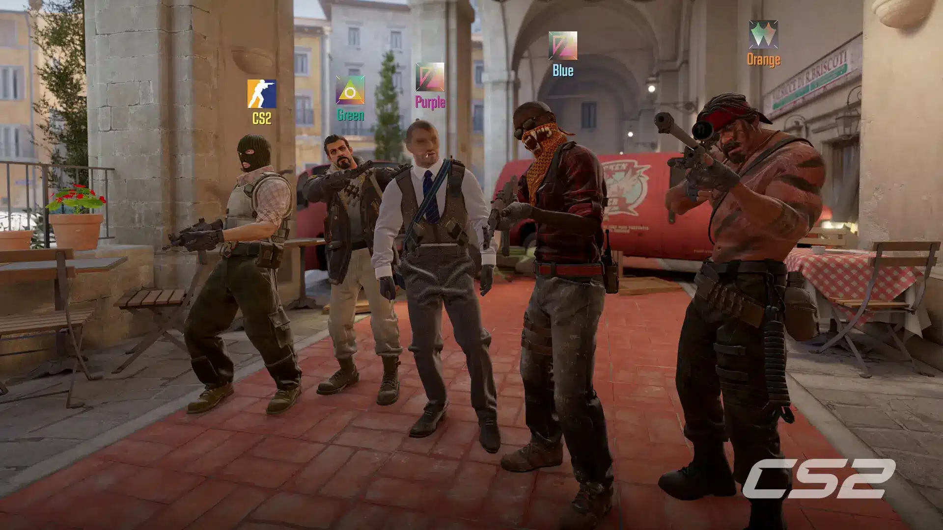 Five characters from Counter-Strike 2 standing in an urban environment.