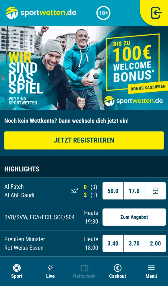 sportwetten.de mobile Startseite mit Wettangebot
