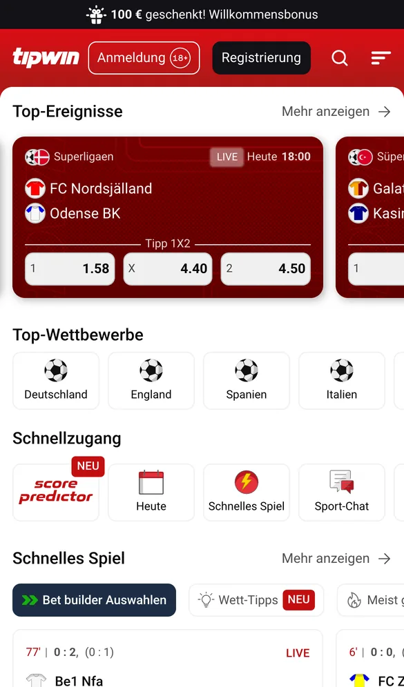 Tipwin Sportwetten mobile Startseite mit Top-Ereignissen