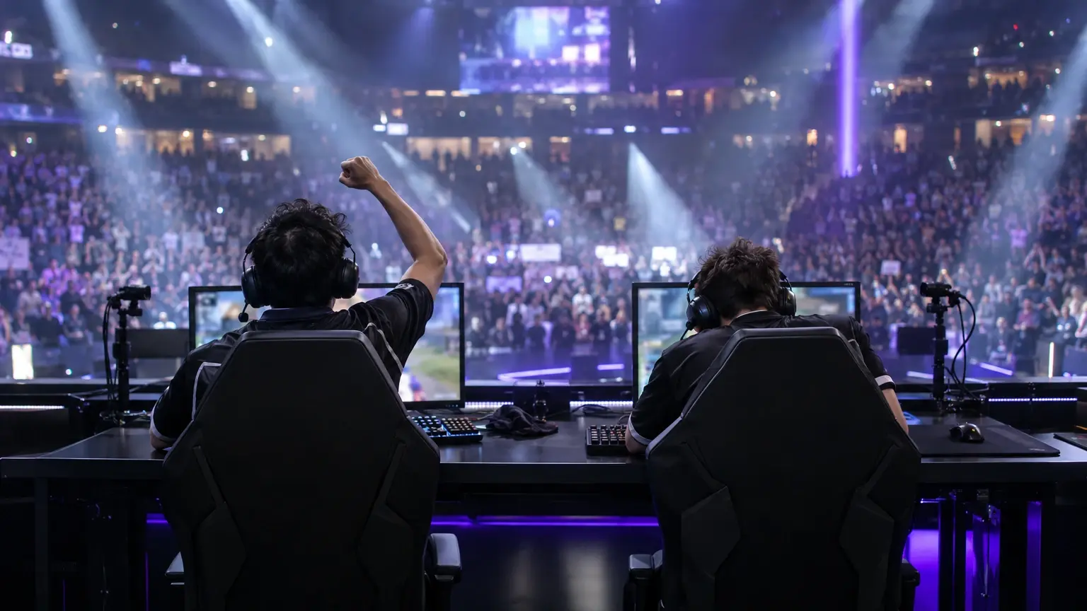 Esports players celebrate behind their monitors on a packed championship arena stage