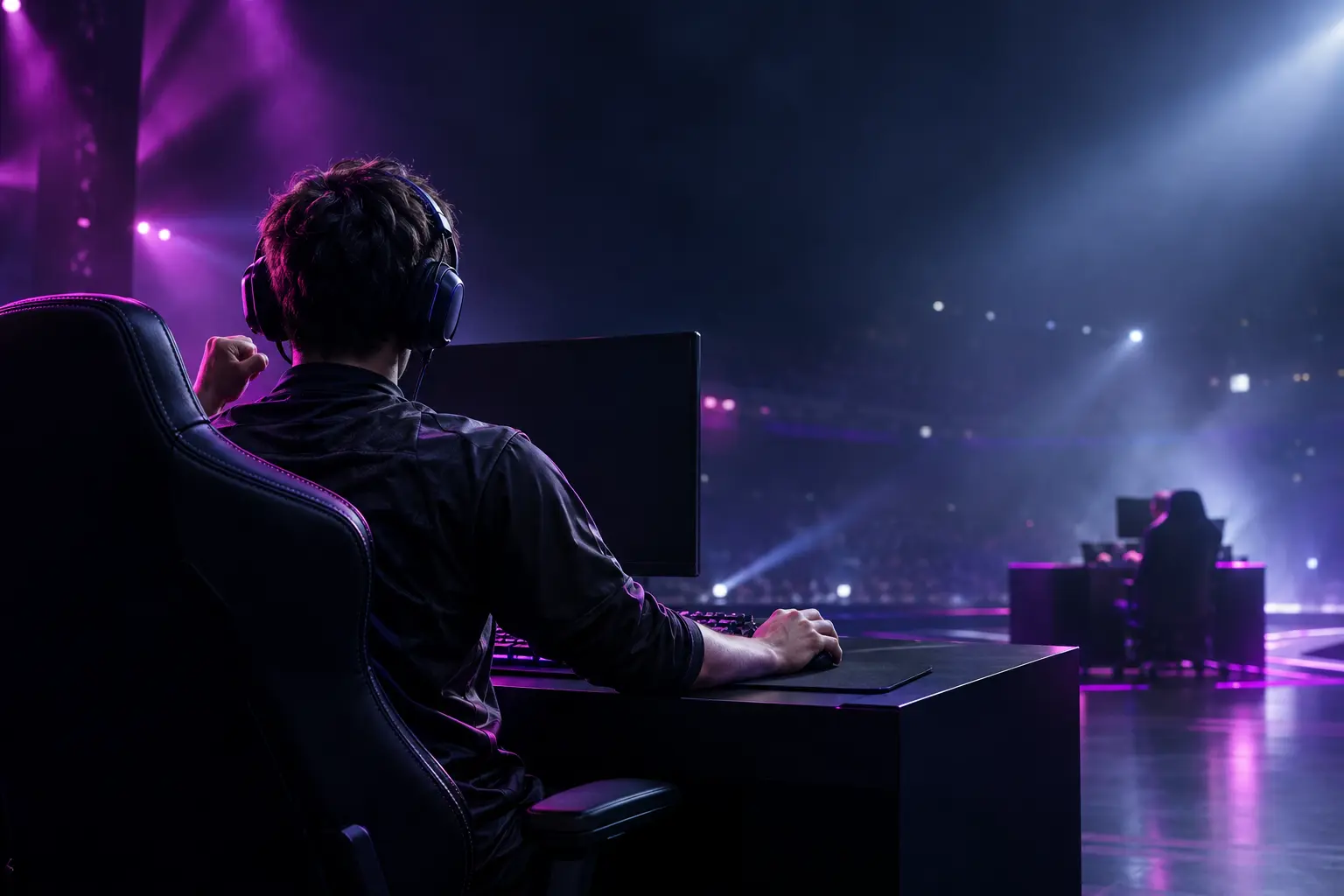 Esports player on a dark tournament stage after a playoff victory, with violet lighting suggesting a high-stakes rematch.