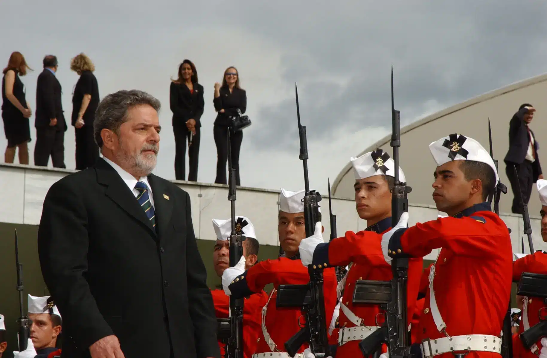 President Luiz In&aacute;cio Lula da Silva standing in a suit during his inauguration ceremony.