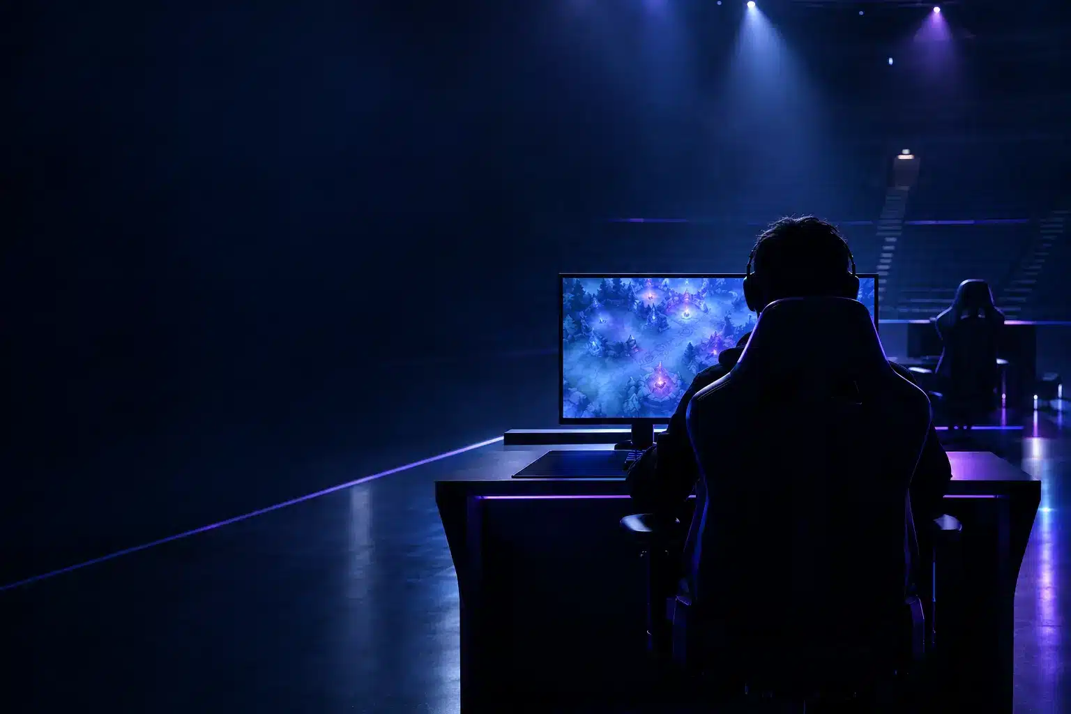 Anonymous esports player at a glowing Dota 2 workstation during a team roster transition