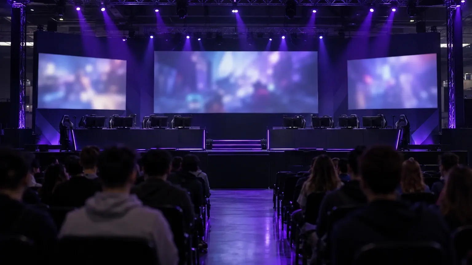 An esports arena stage with player desks prepared for a professional tournament