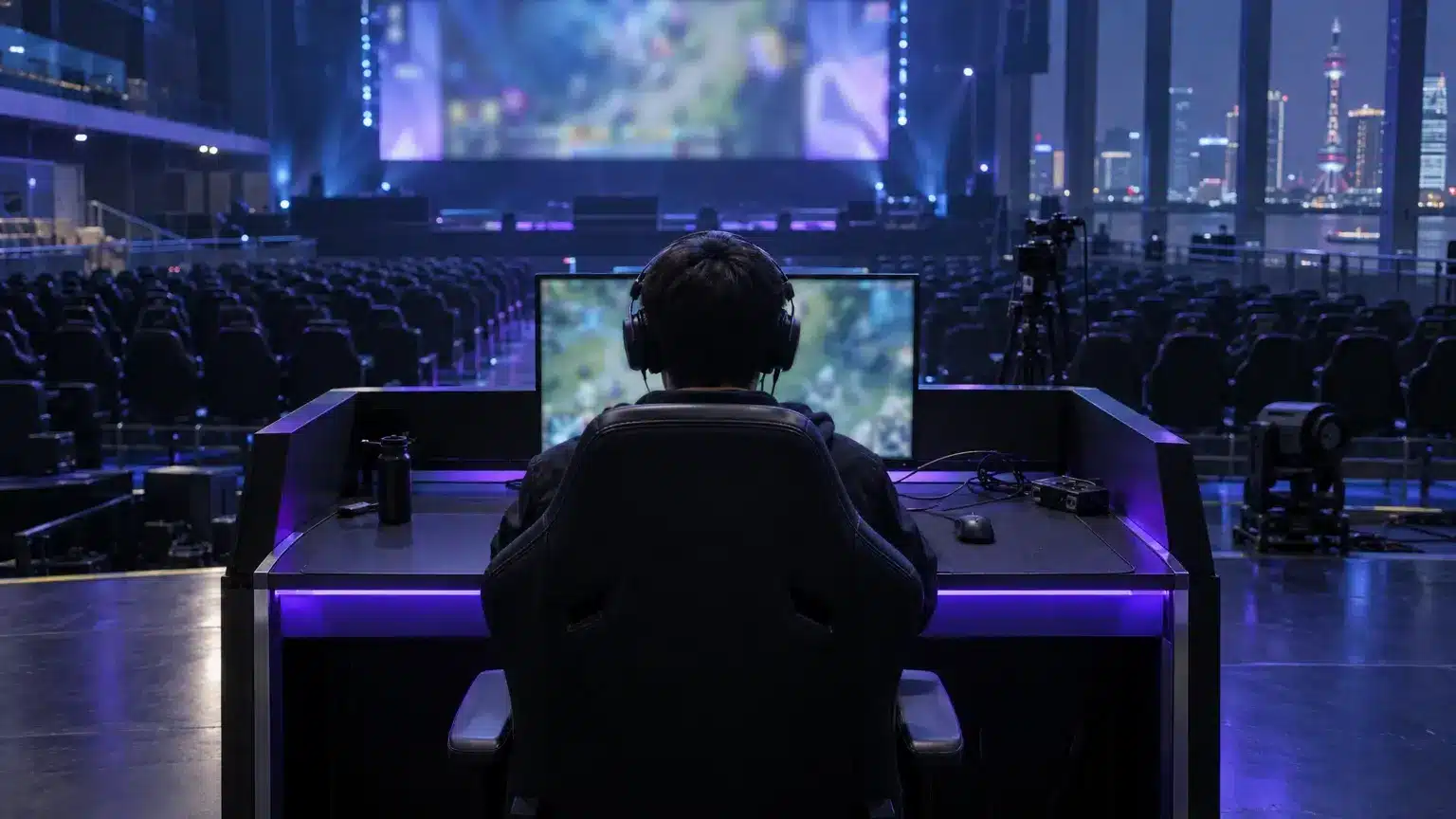 Empty Shanghai esports arena with a competitor seen from behind at an unbranded gaming station