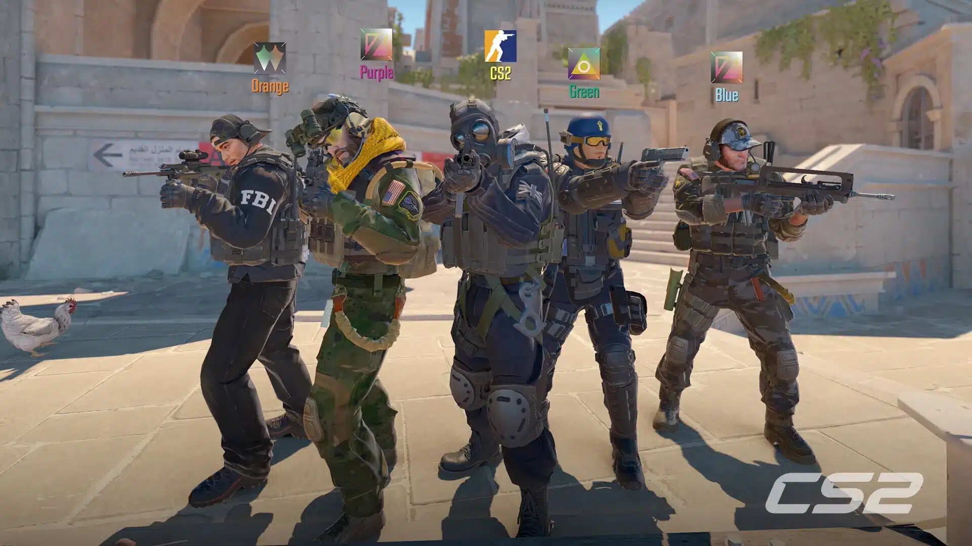 A group of Counter-Strike 2 operatives standing in a sunny outdoor environment.