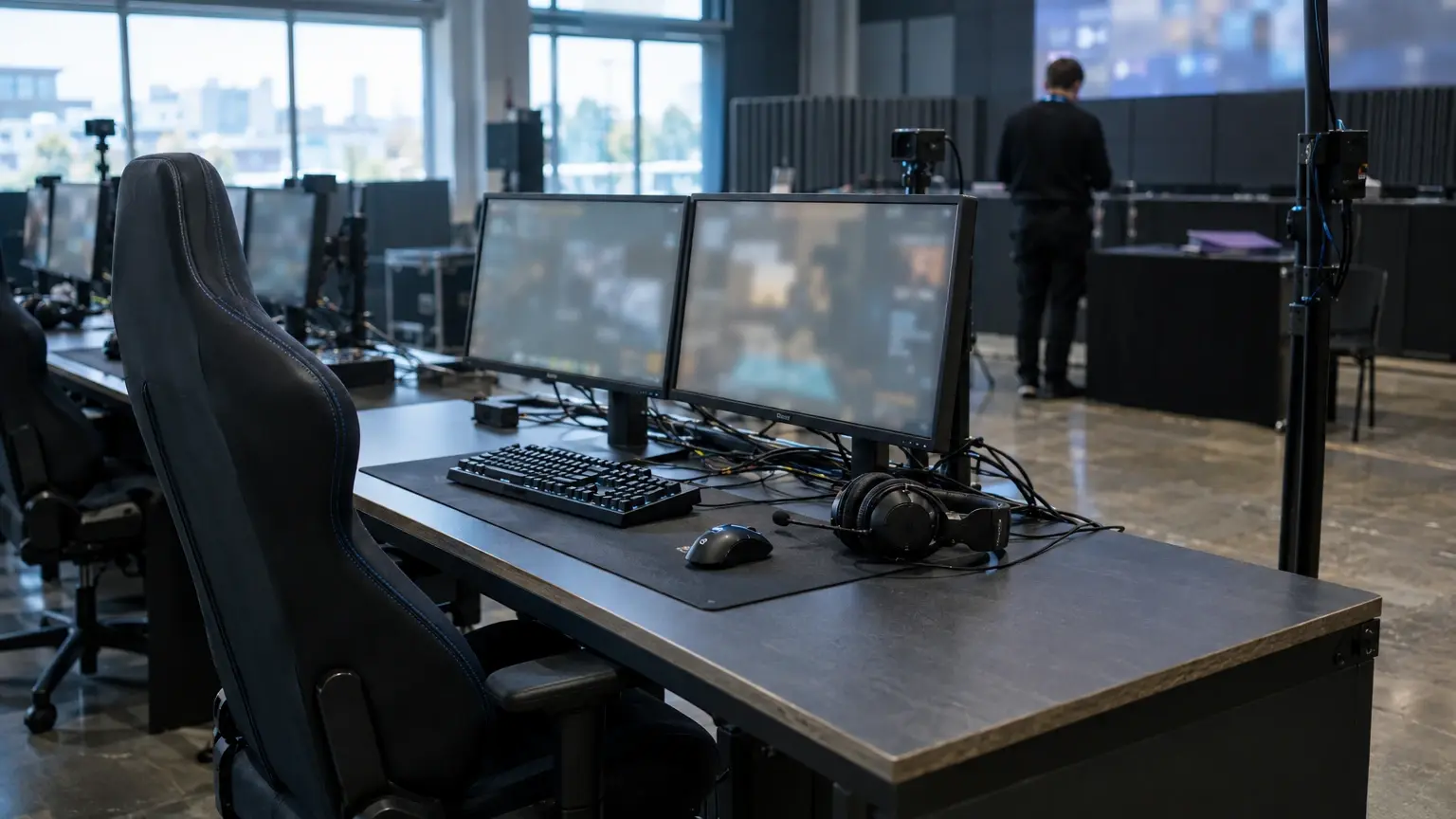 Empty esports tournament station with monitors and equipment after a disciplinary ruling