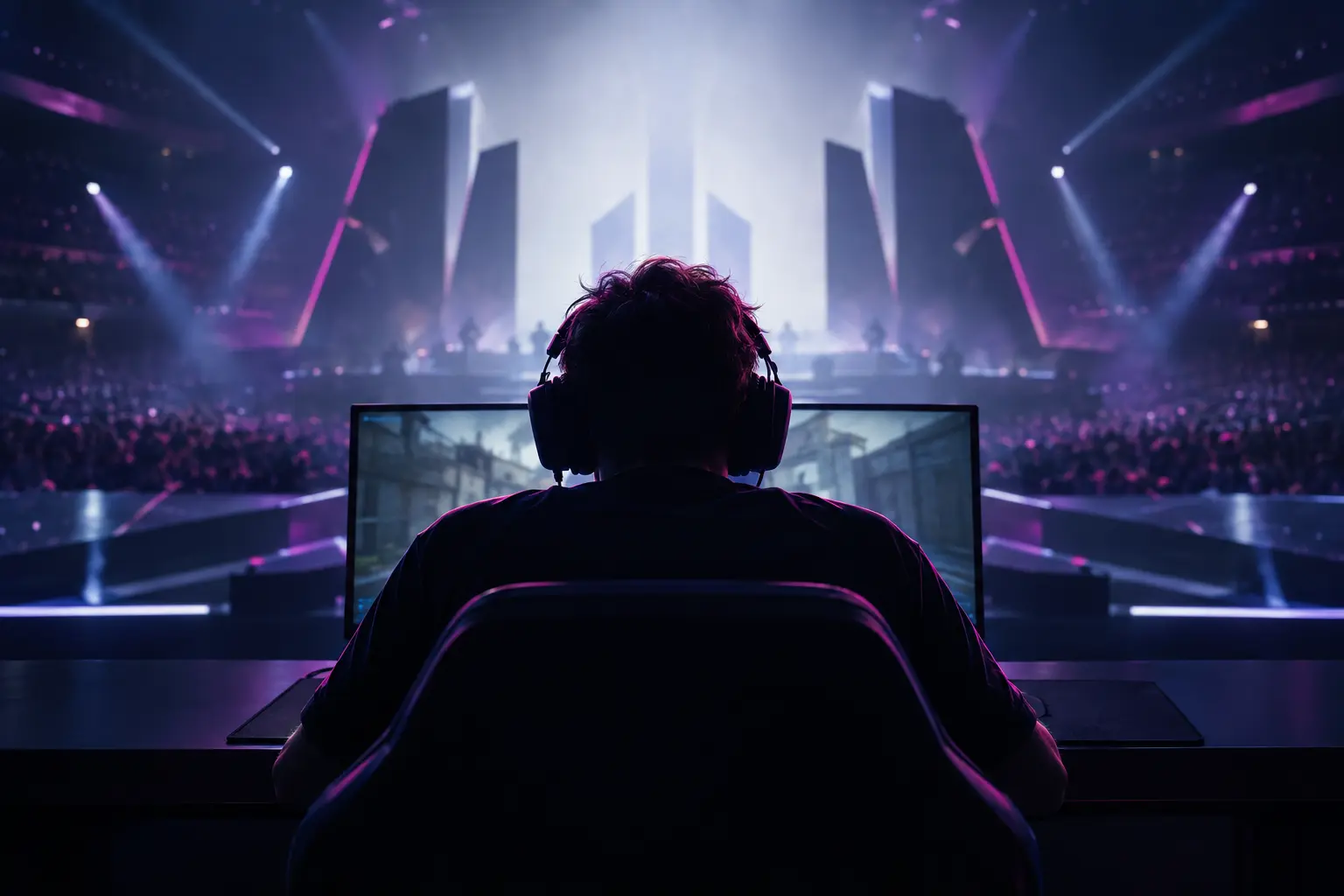 Anonymous esports competitor facing a violet-lit tournament stage during a tense lower-bracket comeback