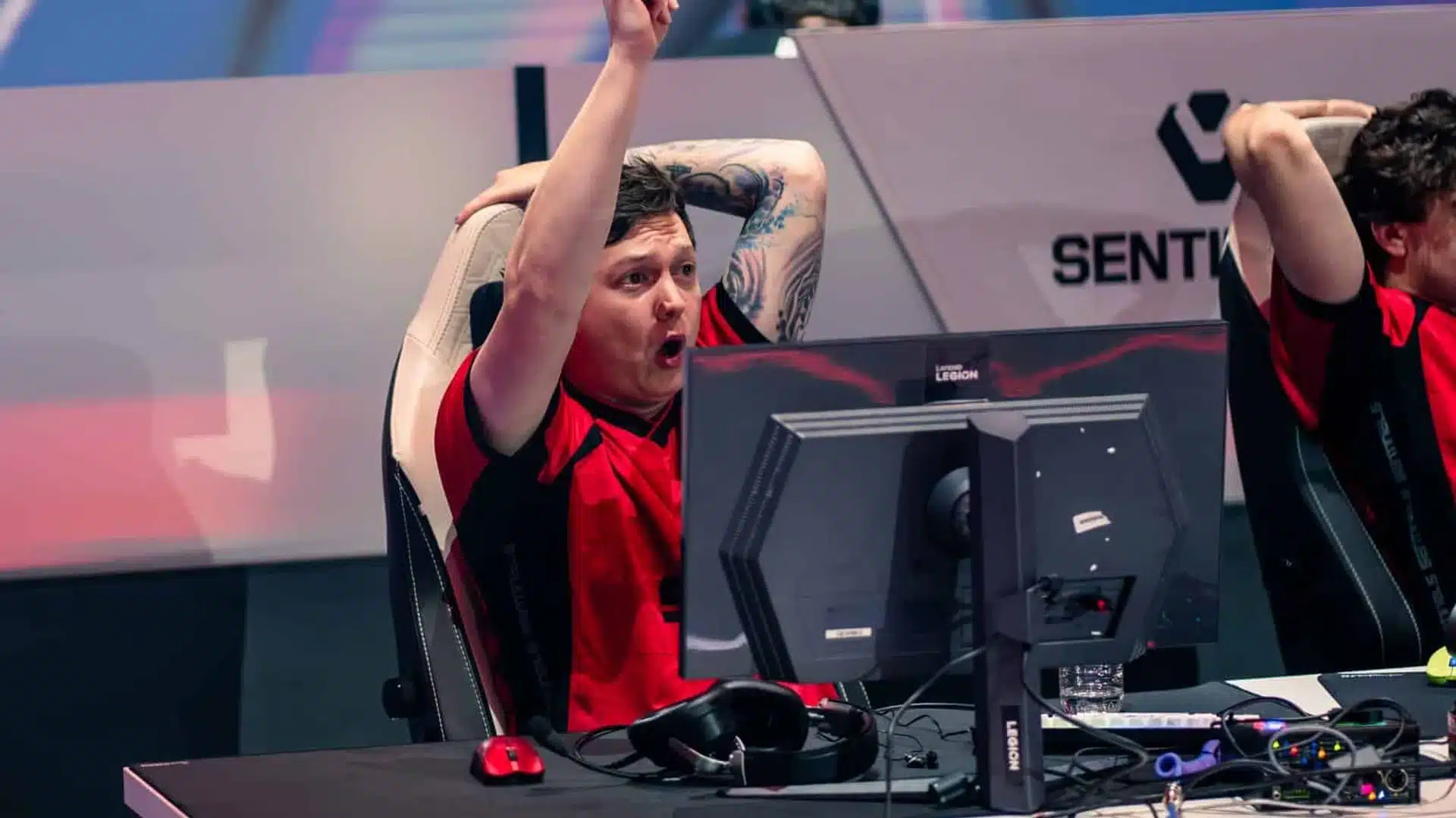 A player for Team Sentinels celebrating at an Esports World Cup event.
