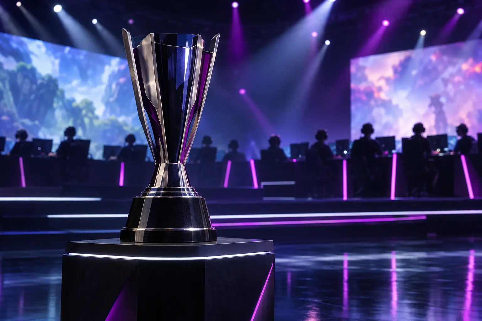 Championship trophy on an esports stage with high school competitors in the background