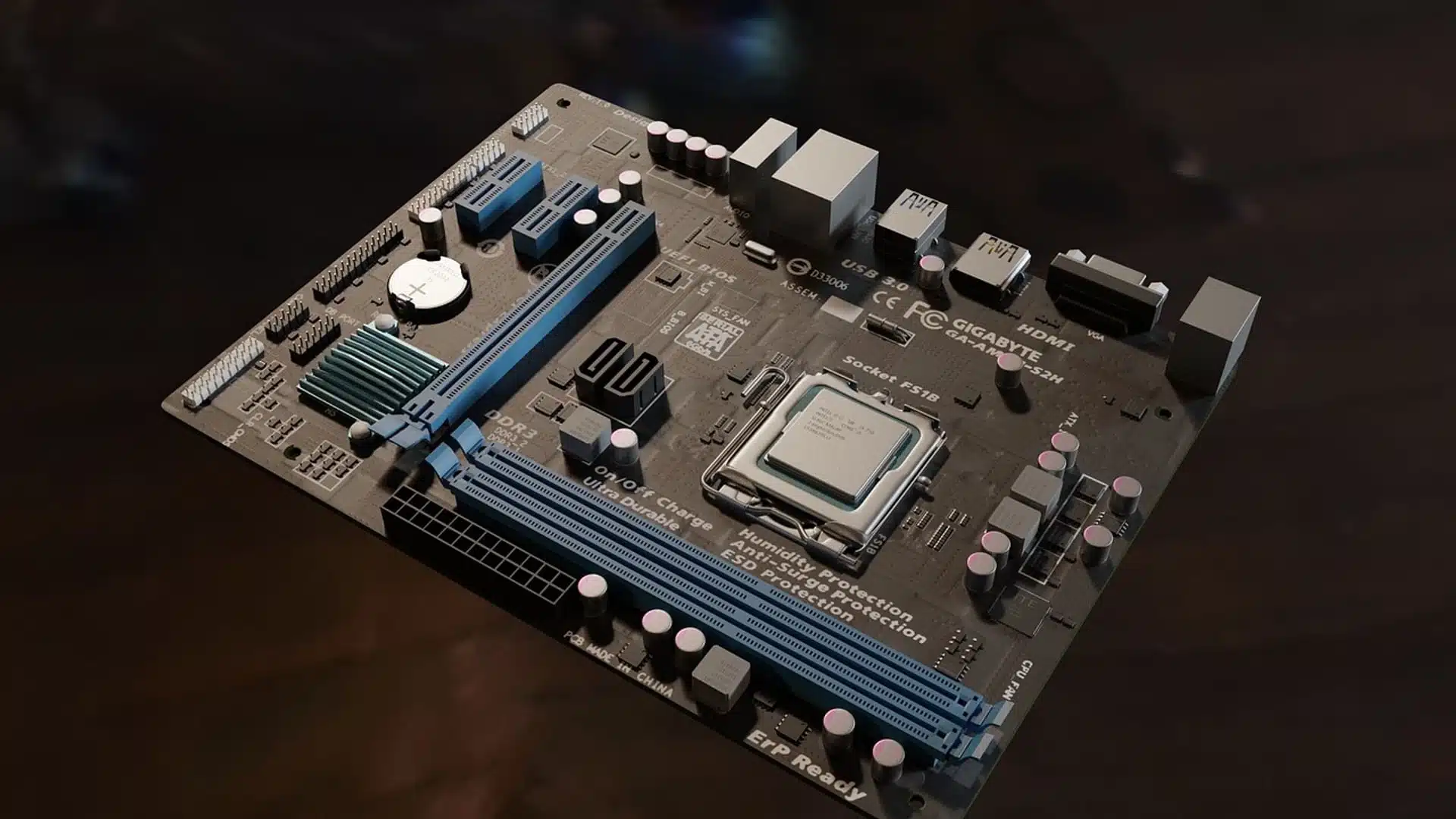 A computer motherboard with a CPU installed