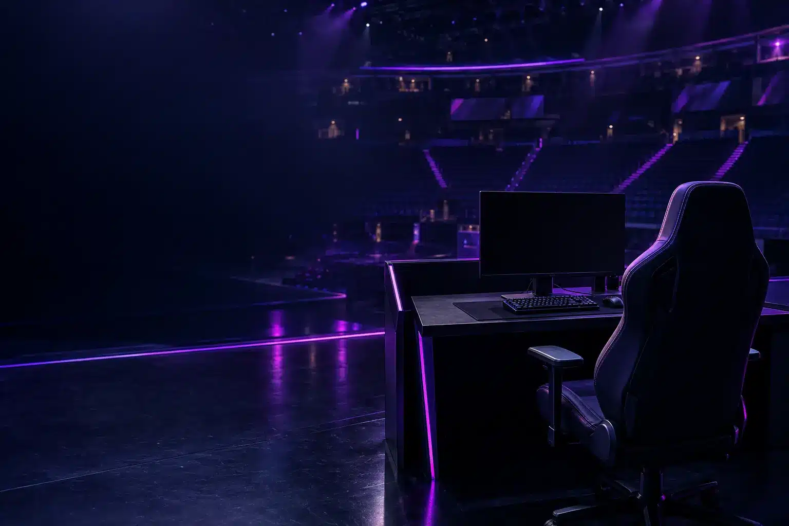 Empty esports stage with a powered-off gaming station symbolising uncertainty around the LFL’s 2027 future