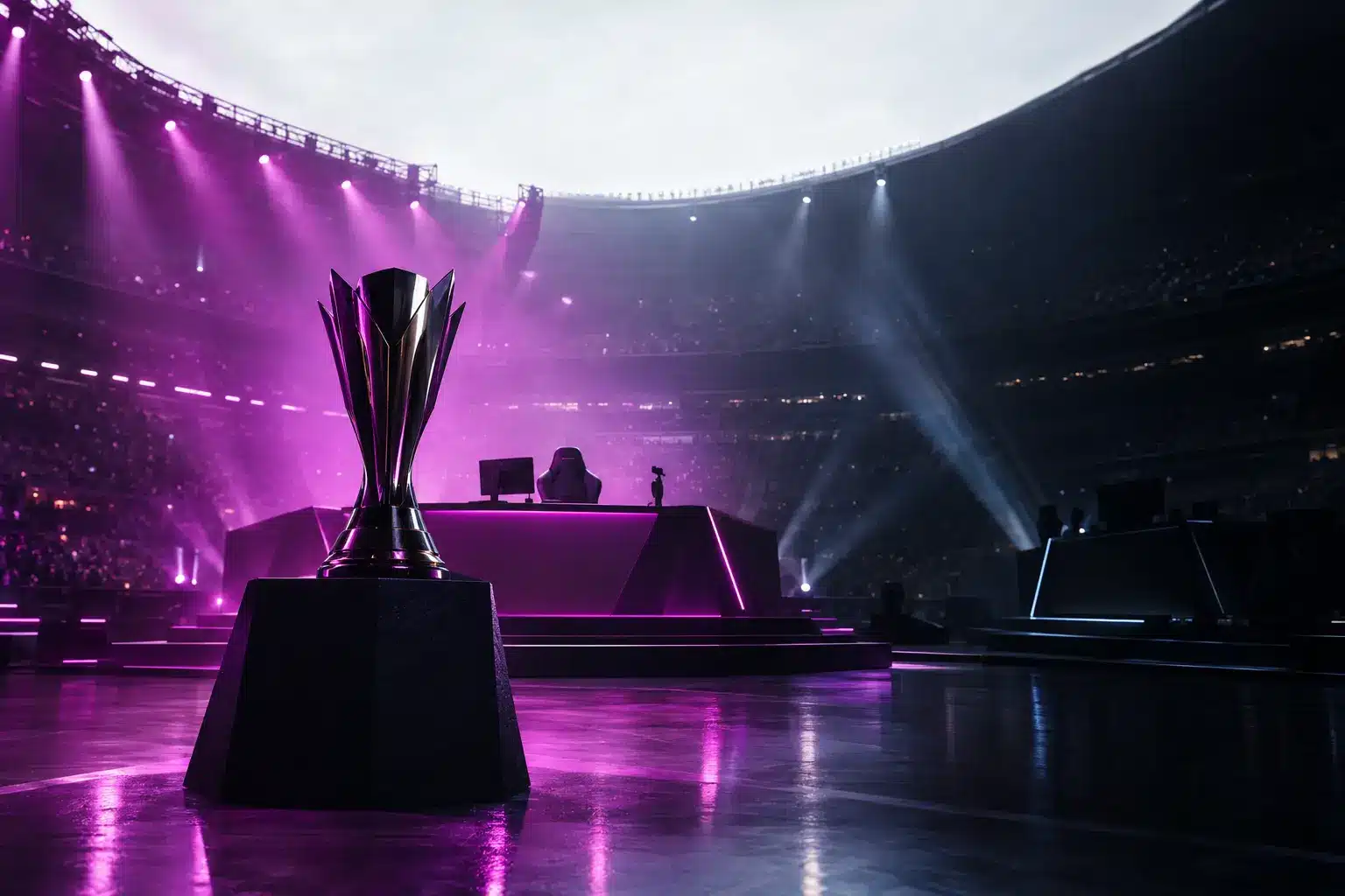 Esports tournament stage lit in violet after a decisive playoff comeback